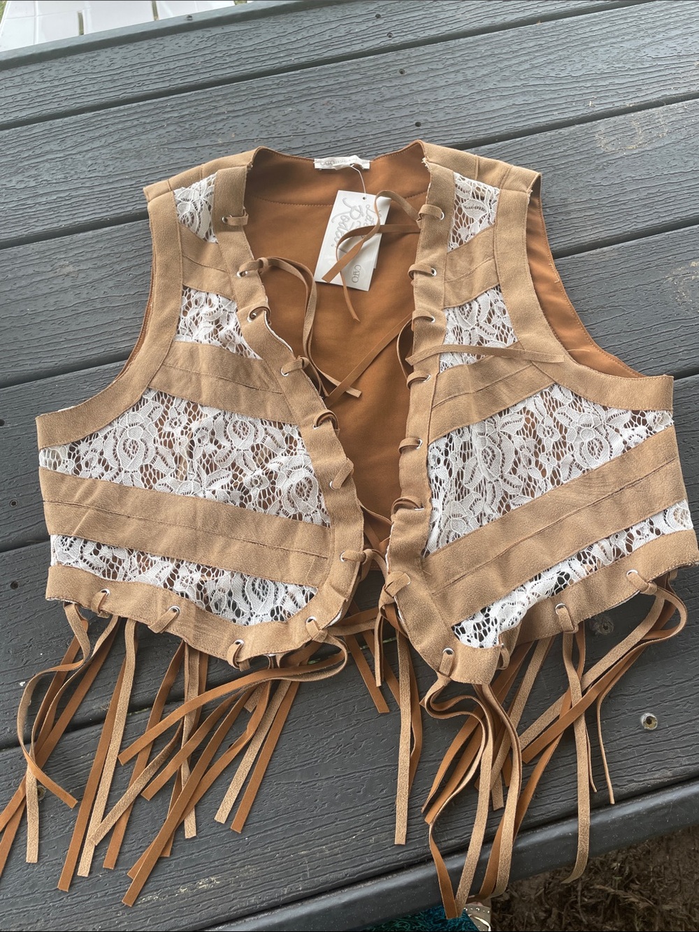 Cato Tan Vest with White Lace & Fringe